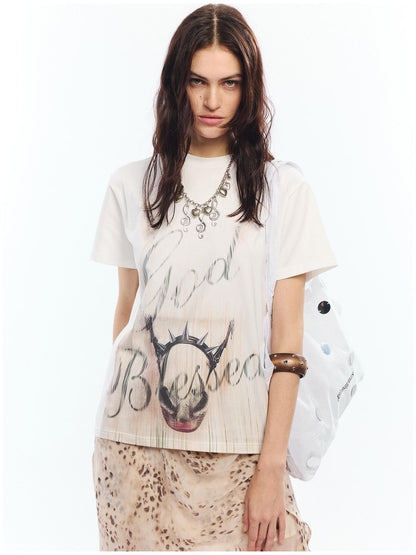2th Desire Soft Cotton Spandex Punk Zodiac Print Round Neck White Short Sleeve T-Shirts