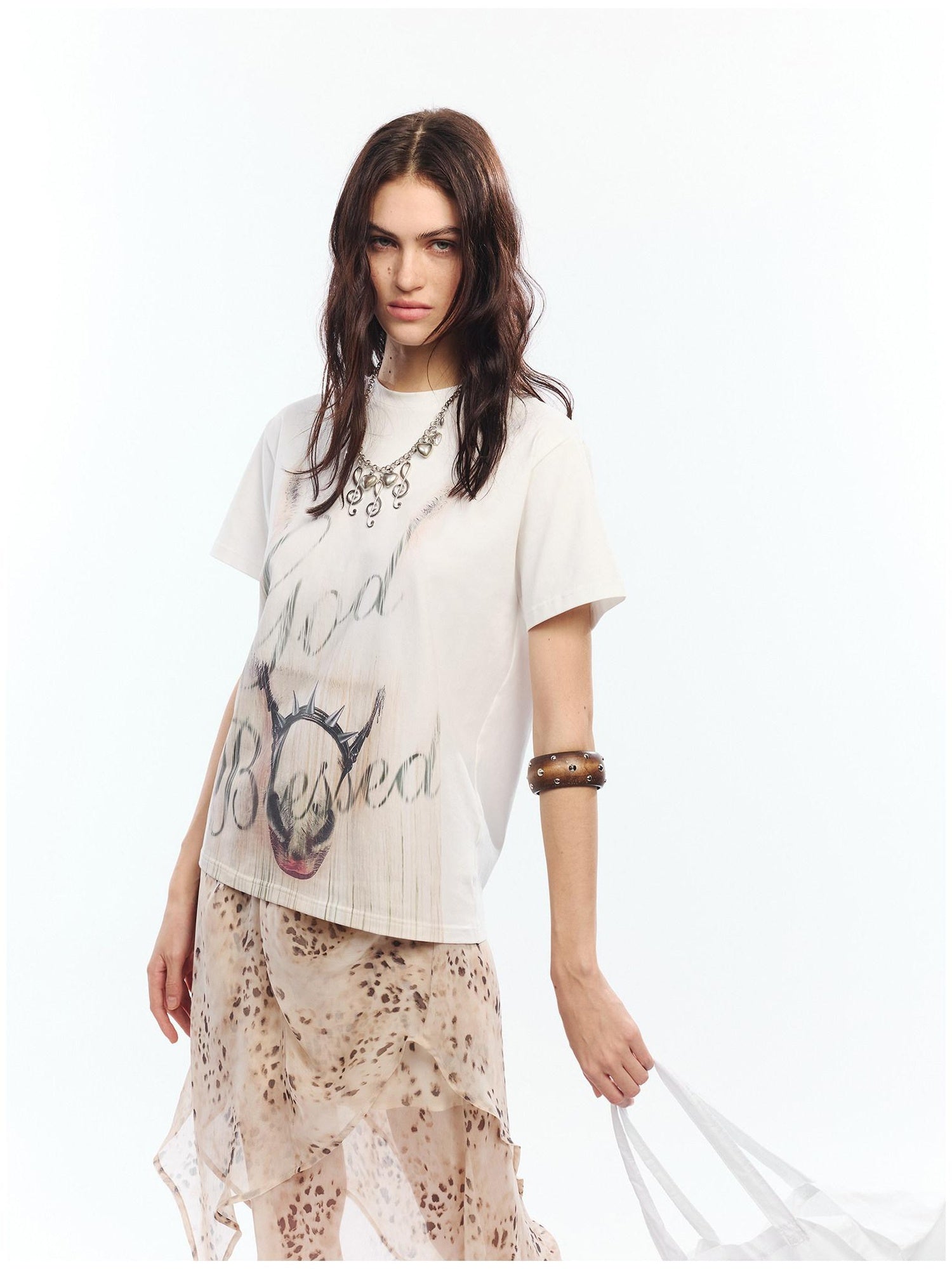 2th Desire Soft Cotton Spandex Punk Zodiac Print Round Neck White Short Sleeve T-Shirts