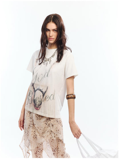 2th Desire Soft Cotton Spandex Punk Zodiac Print Round Neck White Short Sleeve T-Shirts