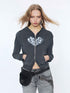 2th Desire Soft Stretch Cotton Regular Cropped Zip Long Sleeve Women Heart Print Hoodies
