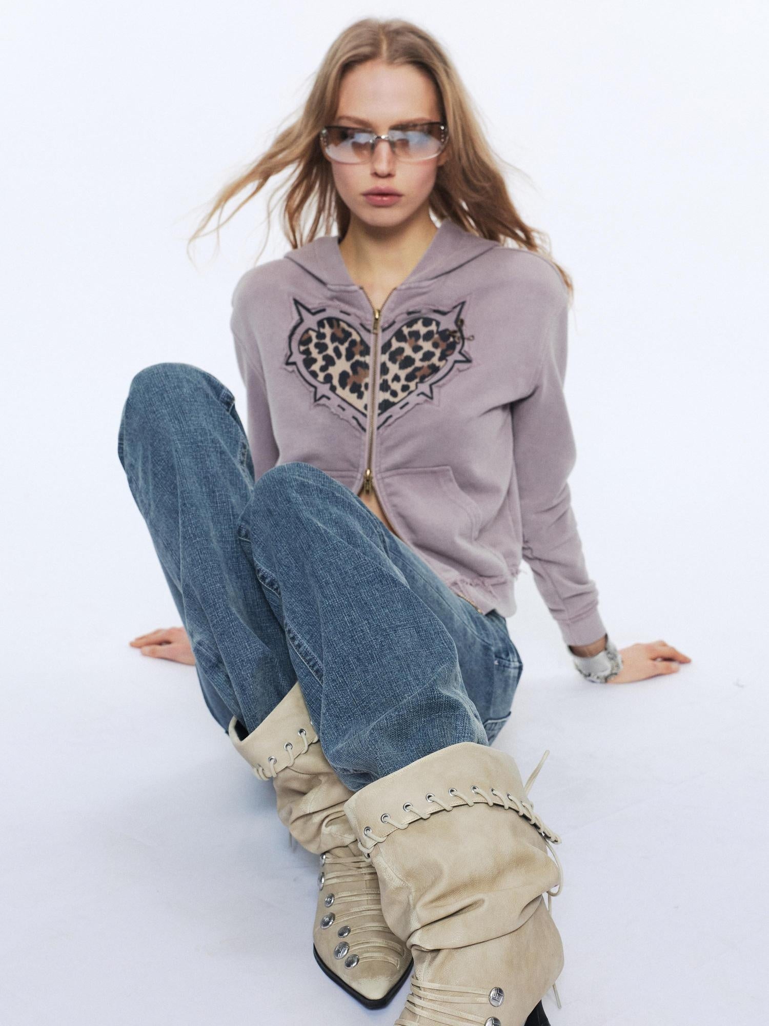 2th Desire Soft Stretch Cotton Regular Cropped Zip Long Sleeve Women Heart Print Hoodies