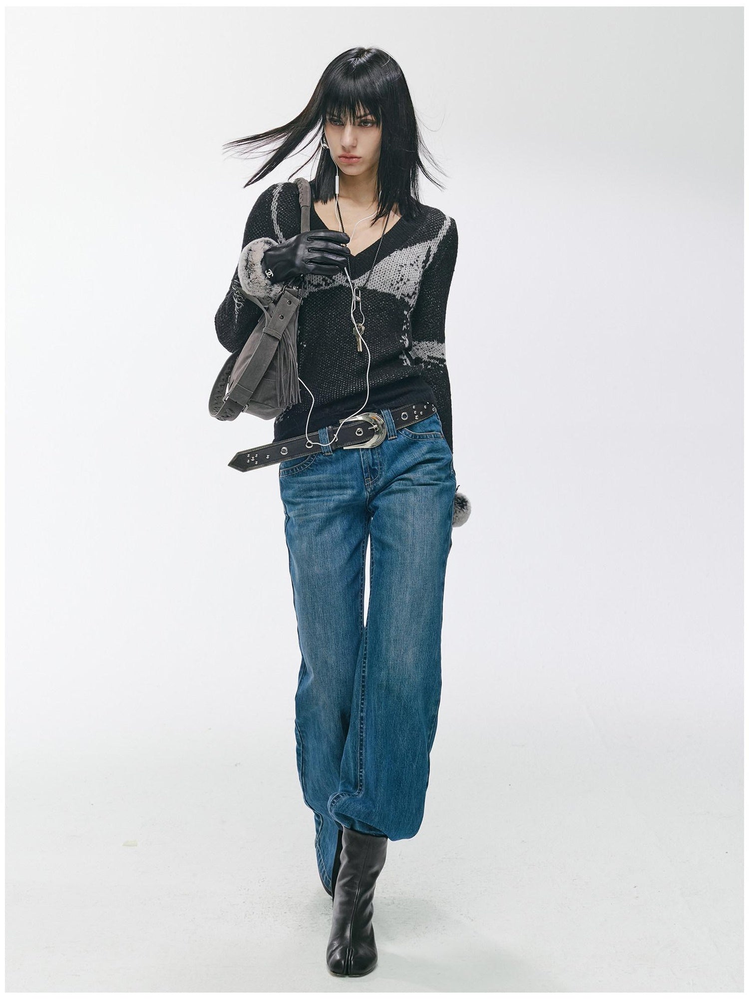 2th Desire Soft Wool Blend Colorblock Punk V-neck Pullover Women Knitwear Sweaters