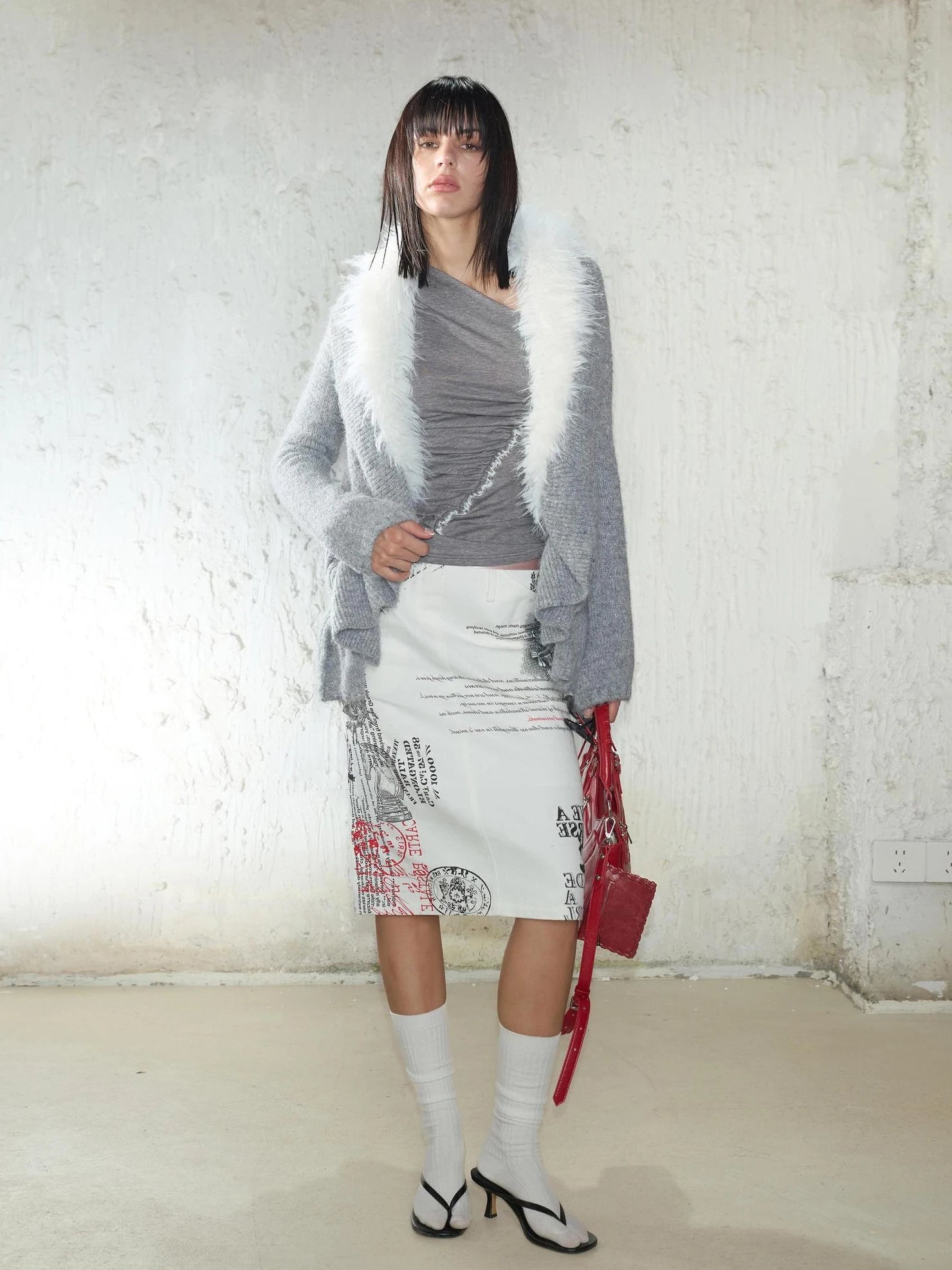 2th Desire Spliced Satin Knee Length Straight Skirt With Print Skirt