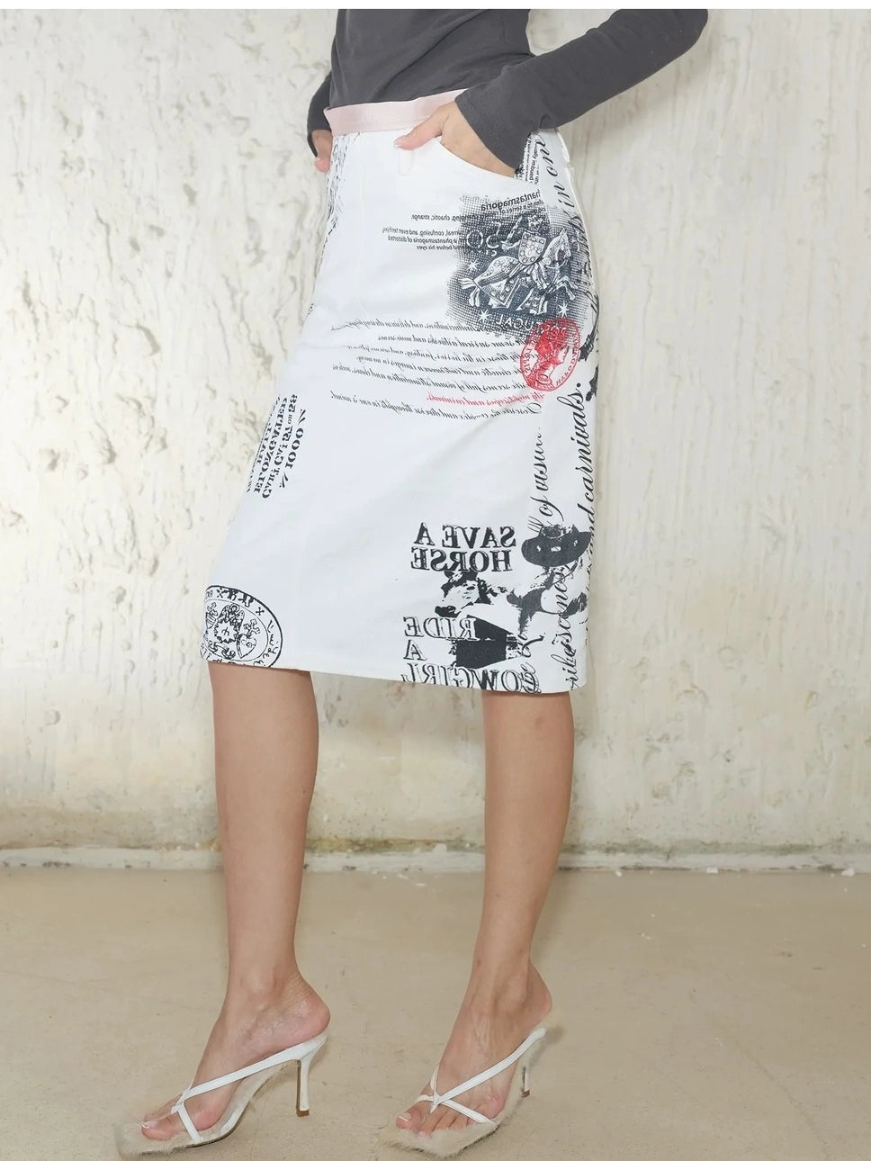 2th Desire Spliced Satin Knee Length Straight Skirt With Print Skirt