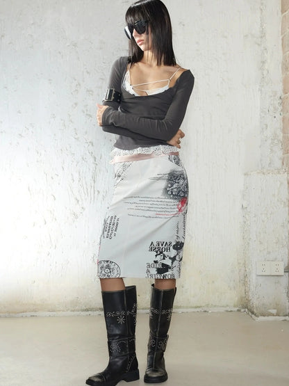 2th Desire Spliced Satin Knee Length Straight Skirt With Print Skirt