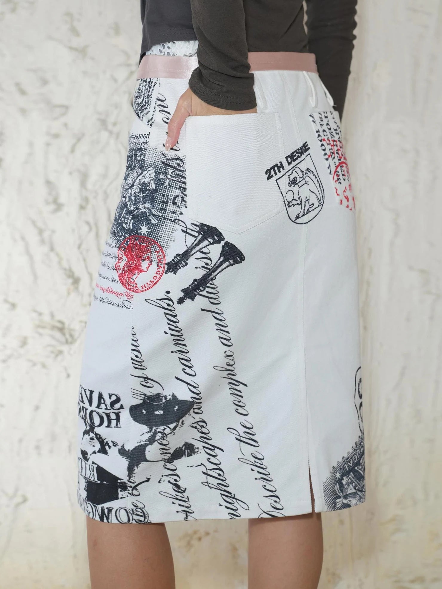 2th Desire Spliced Satin Knee Length Straight Skirt With Print Skirt