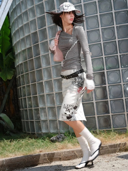 2th Desire Spliced Satin Knee Length Straight Skirt With Print Skirt