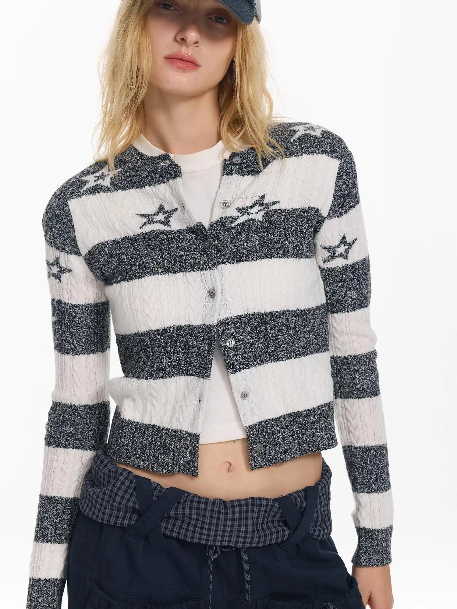 Star Patterned Color Block Wool Knit Cardigan