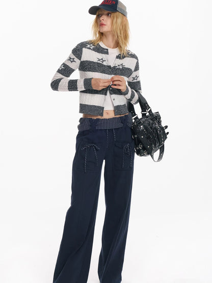 Star Patterned Color Block Wool Knit Cardigan