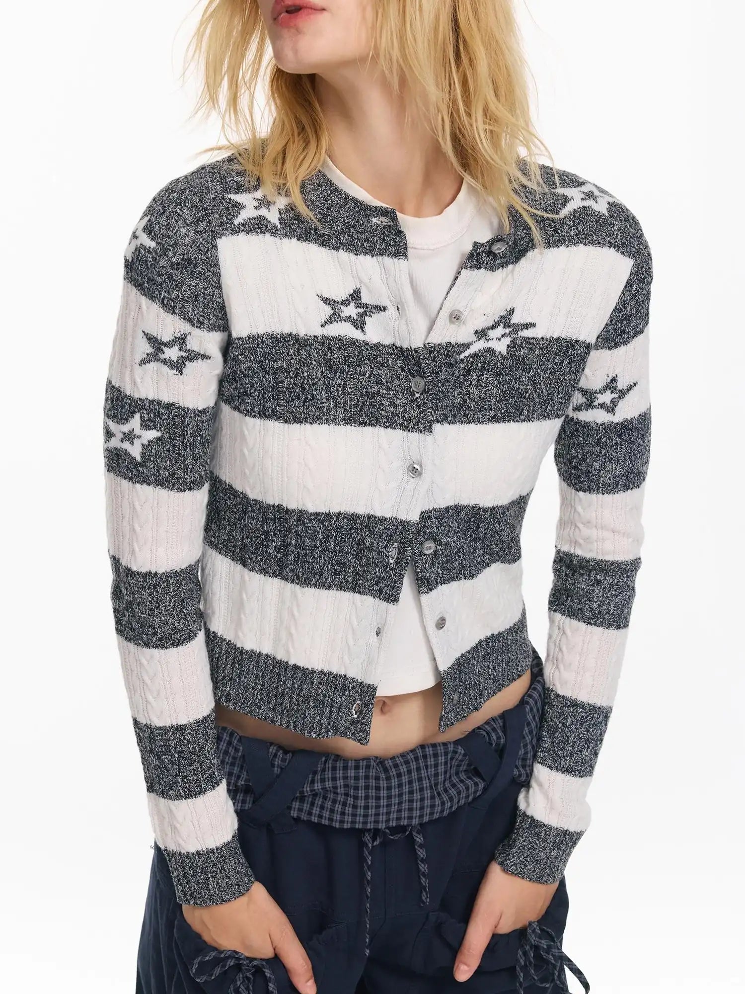 Star Patterned Color Block Wool Knit Cardigan