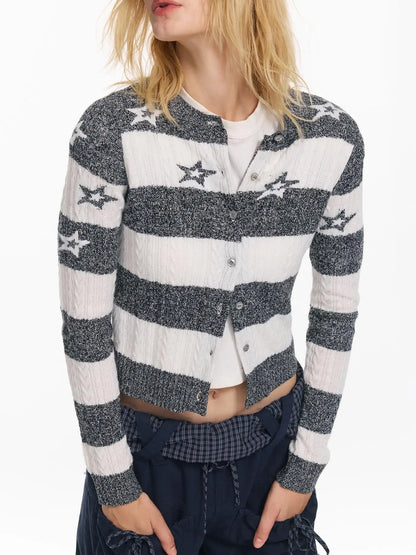 Star Patterned Color Block Wool Knit Cardigan
