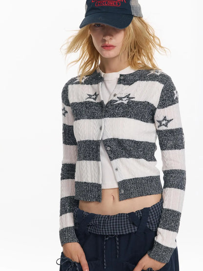 Star Patterned Color Block Wool Knit Cardigan