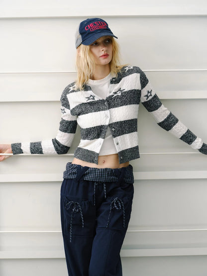 Star Patterned Color Block Wool Knit Cardigan