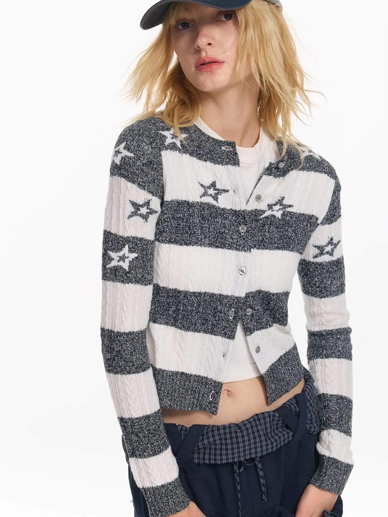 Star Patterned Color Block Wool Knit Cardigan