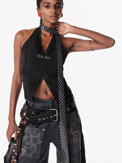 2th Desire Strappy Open Back Deconstructed Vest Necklace Top
