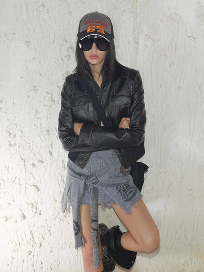 Street Feel Torn Edge Knit Print Drawstring Asymmetrical Mini Skirt