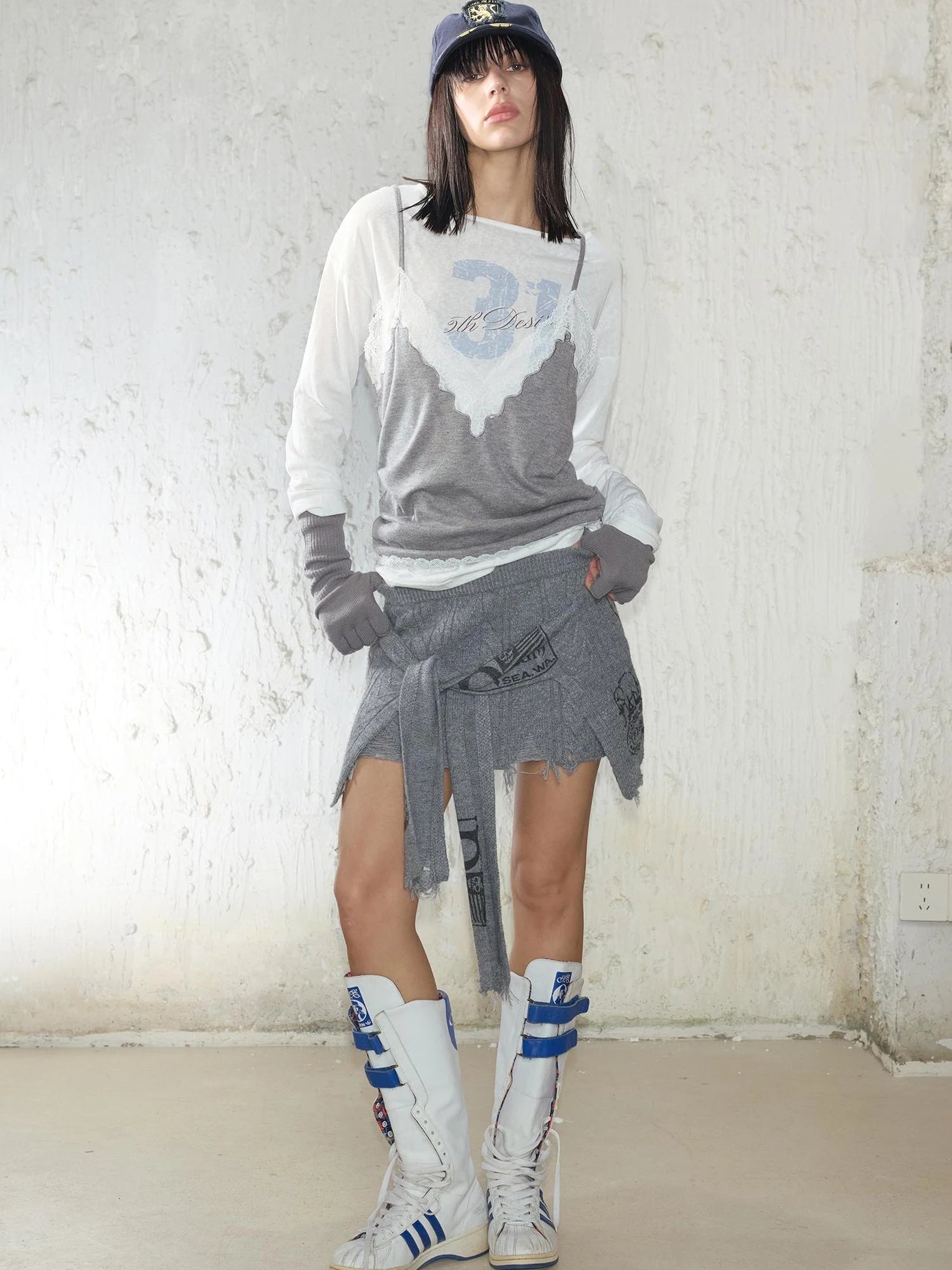 Street Feel Torn Edge Knit Print Drawstring Asymmetrical Mini Skirt