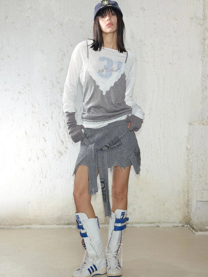 Street Feel Torn Edge Knit Print Drawstring Asymmetrical Mini Skirt