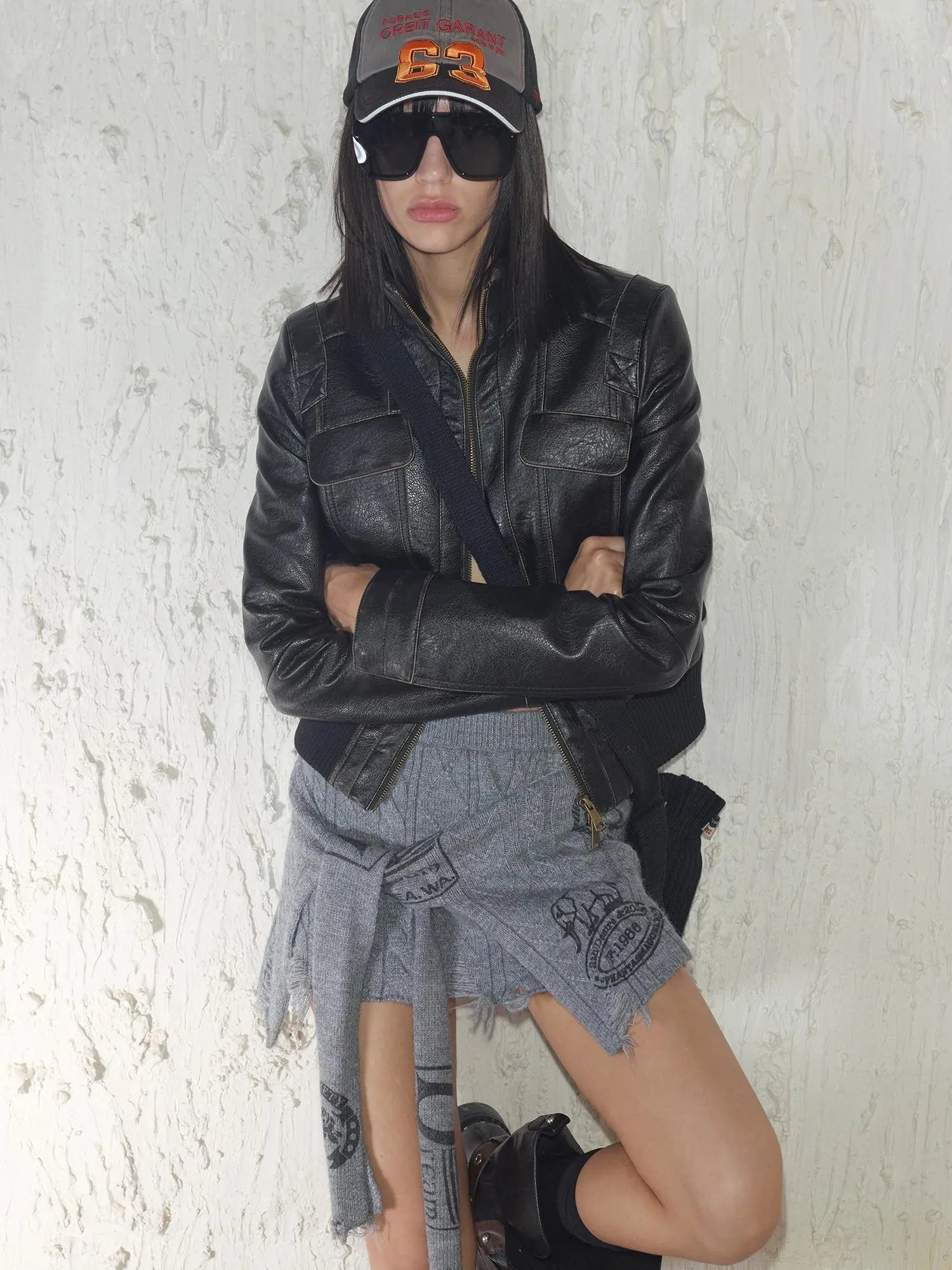Street Feel Torn Edge Knit Print Drawstring Asymmetrical Mini Skirt