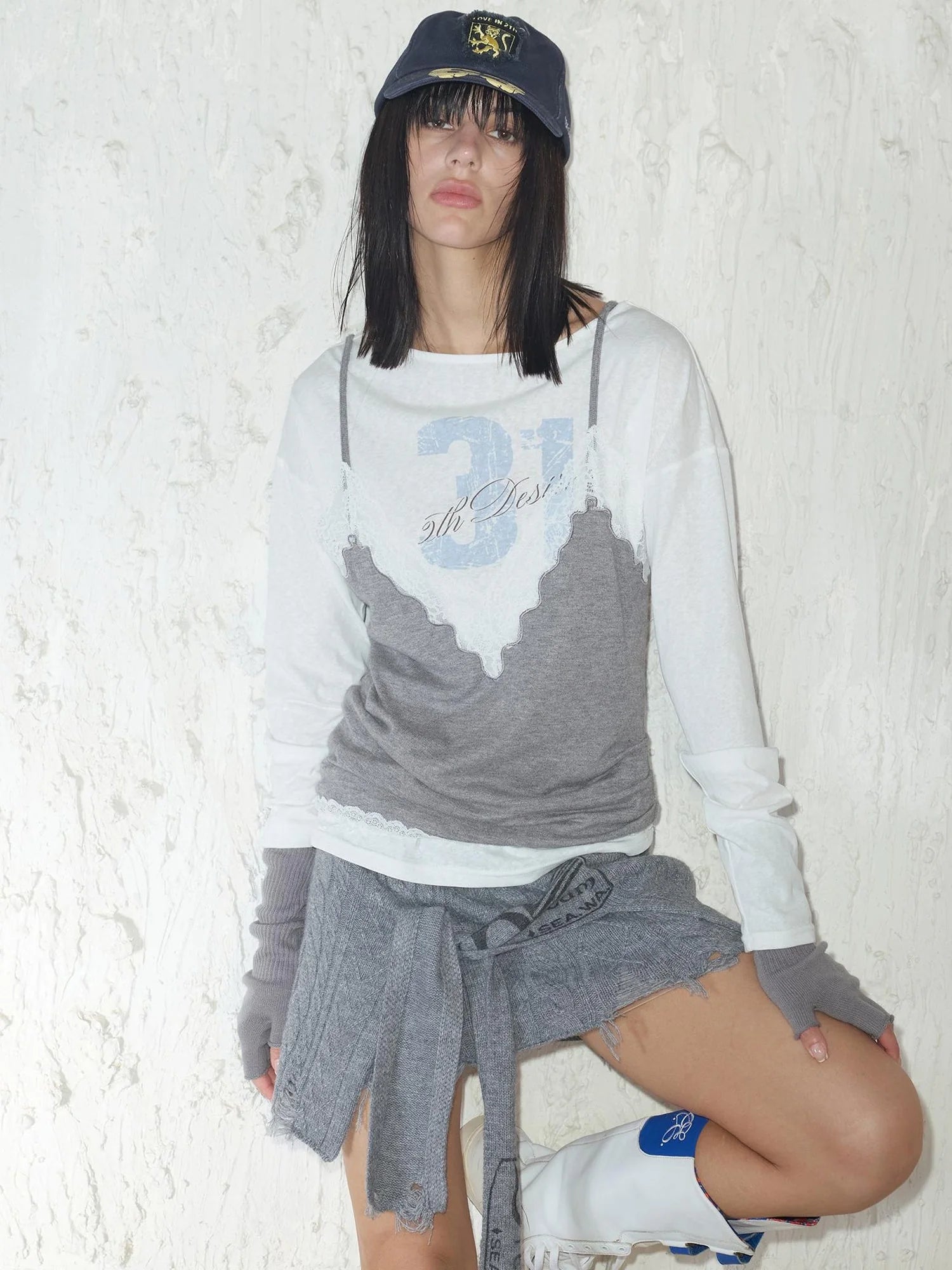 Street Feel Torn Edge Knit Print Drawstring Asymmetrical Mini Skirt