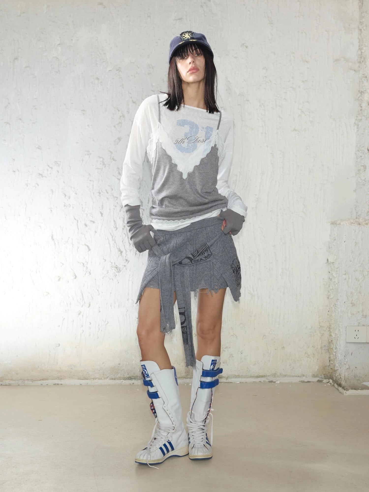 Street Feel Torn Edge Knit Print Drawstring Asymmetrical Mini Skirt