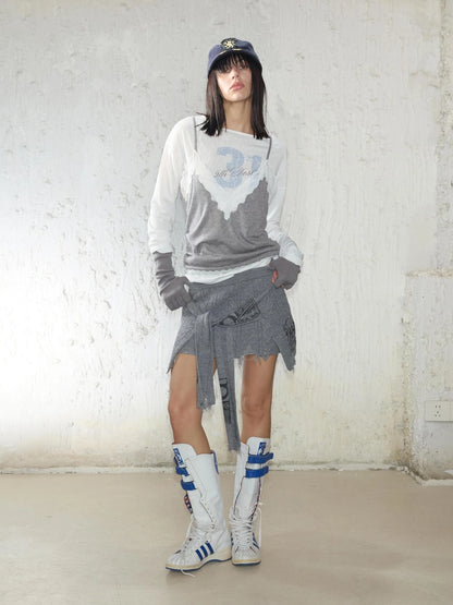 Street Feel Torn Edge Knit Print Drawstring Asymmetrical Mini Skirt