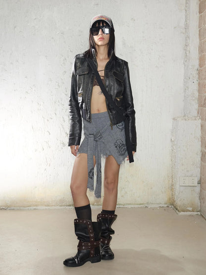 Street Feel Torn Edge Knit Print Drawstring Asymmetrical Mini Skirt