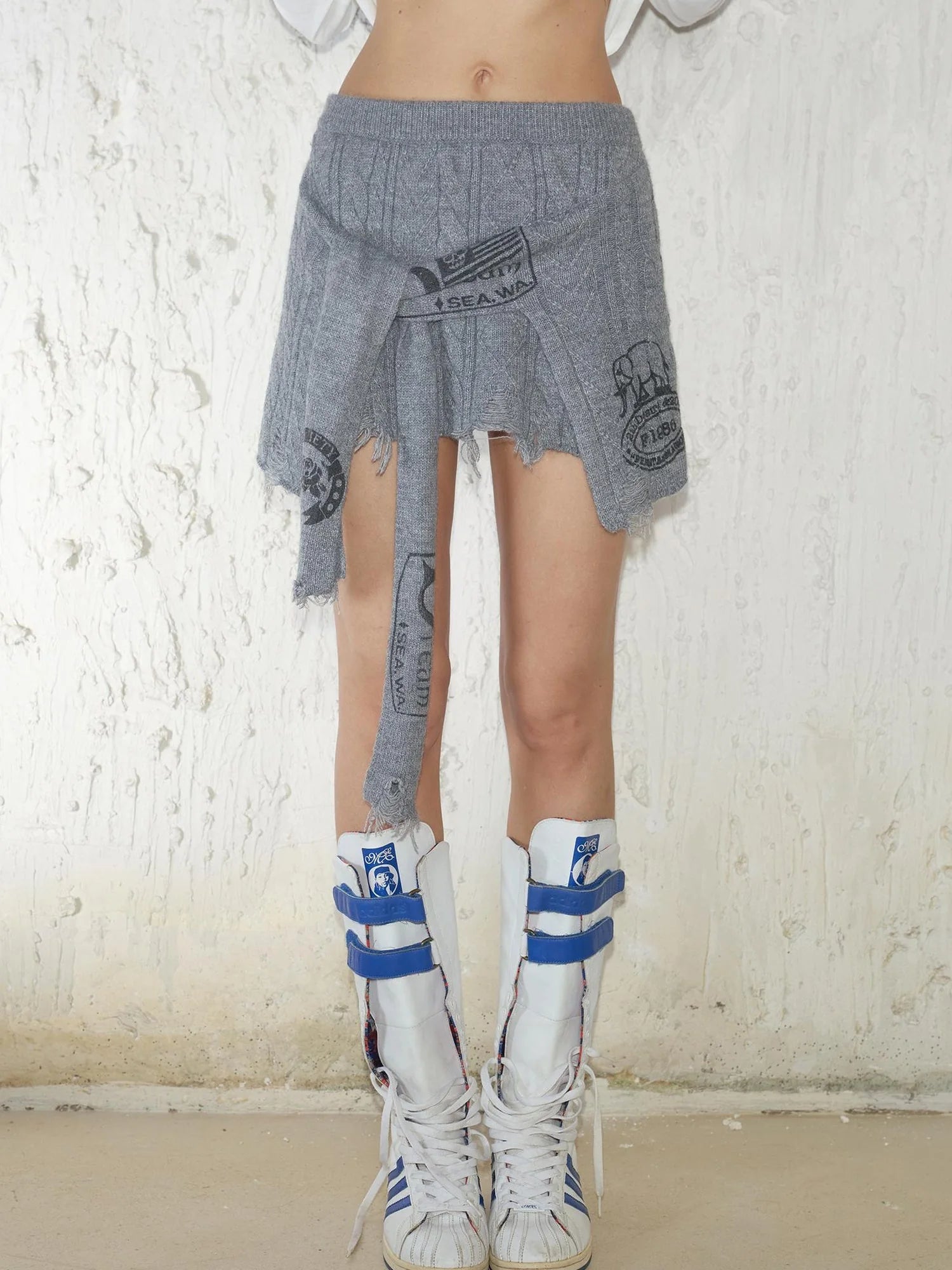 Street Feel Torn Edge Knit Print Drawstring Asymmetrical Mini Skirt