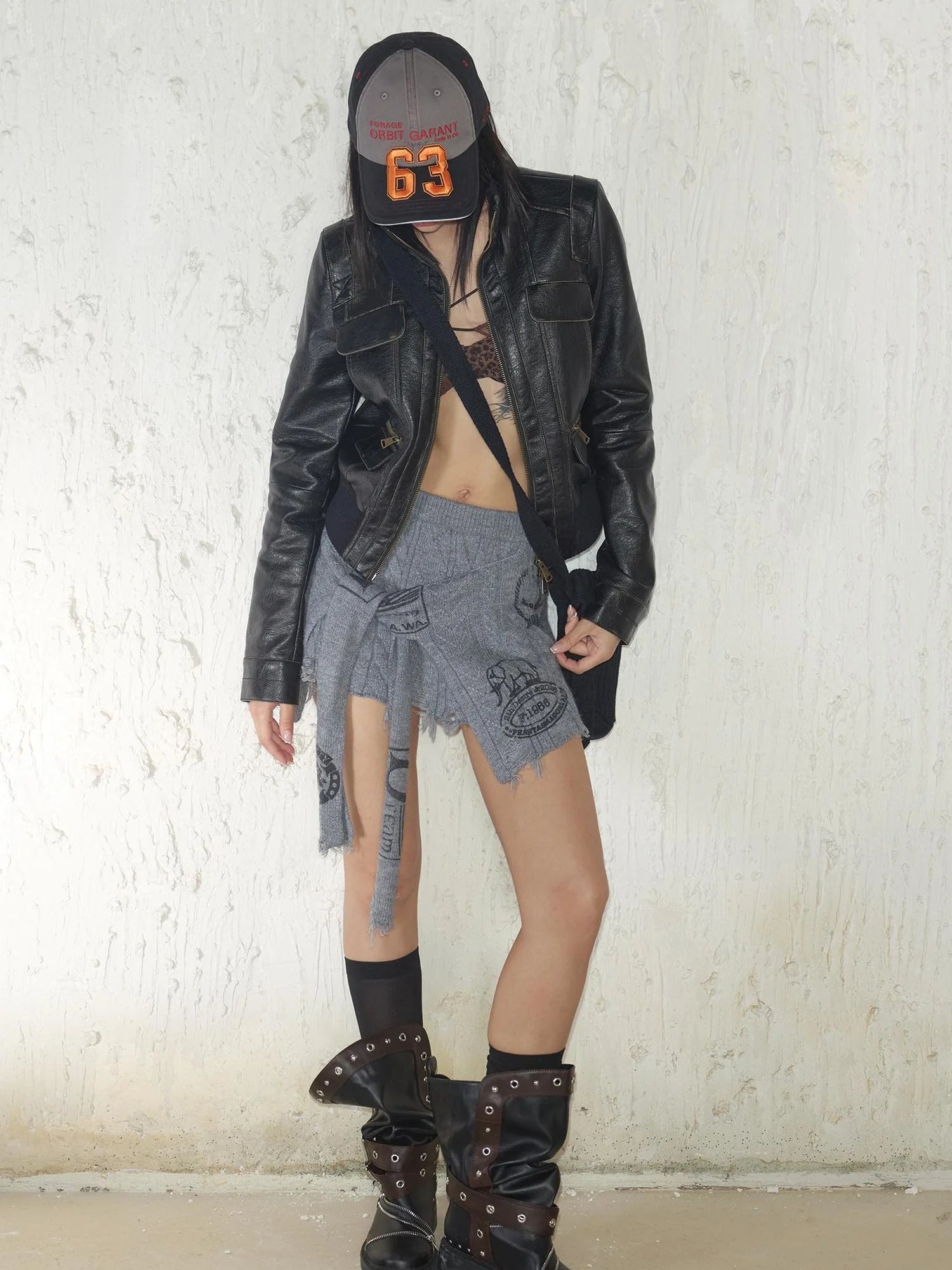 Street Feel Torn Edge Knit Print Drawstring Asymmetrical Mini Skirt