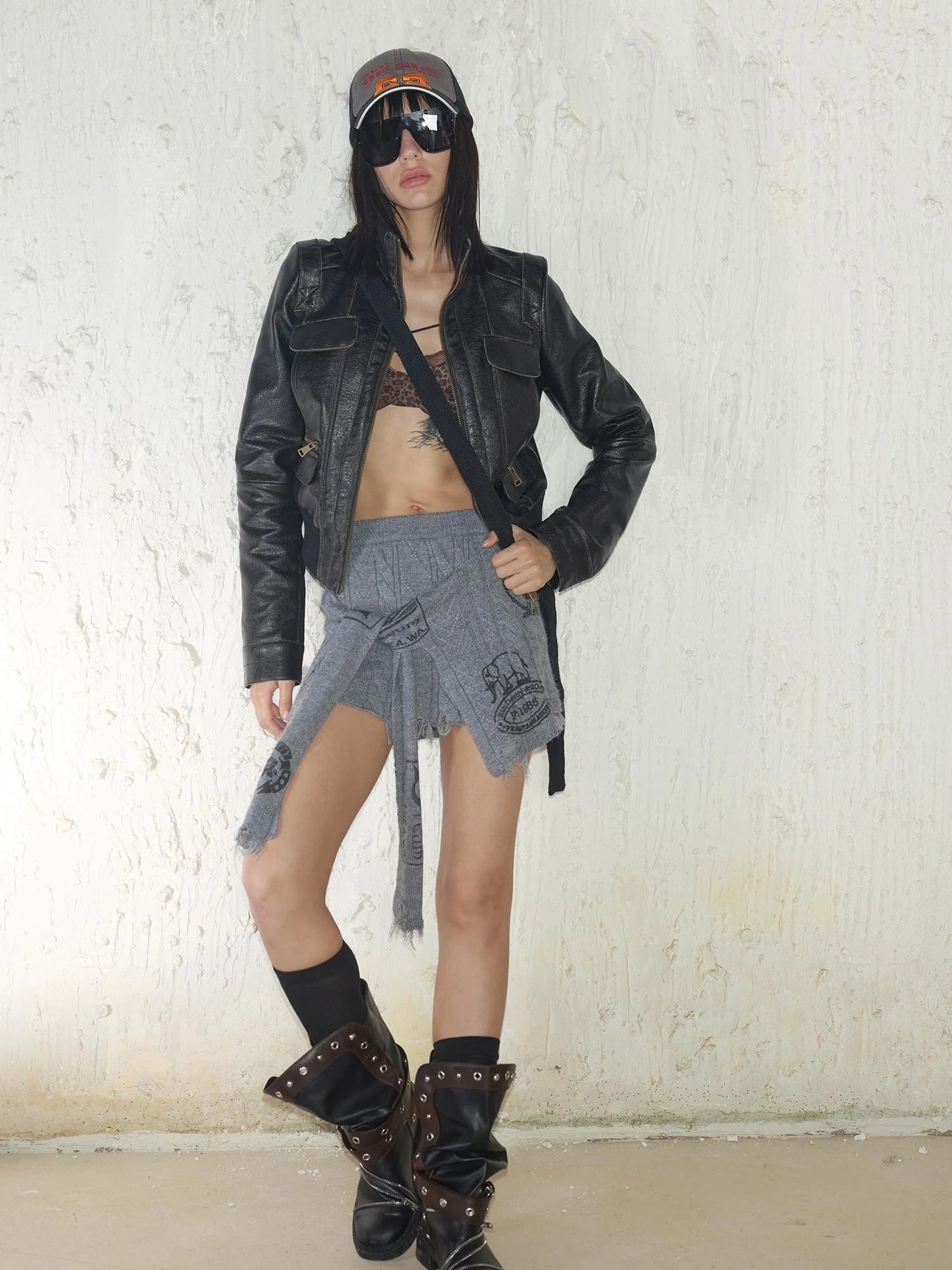 Street Feel Torn Edge Knit Print Drawstring Asymmetrical Mini Skirt