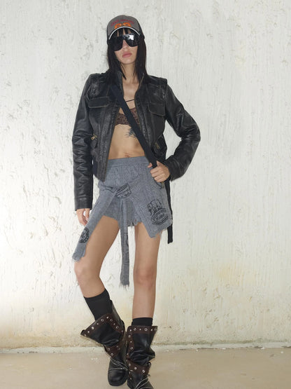 Street Feel Torn Edge Knit Print Drawstring Asymmetrical Mini Skirt