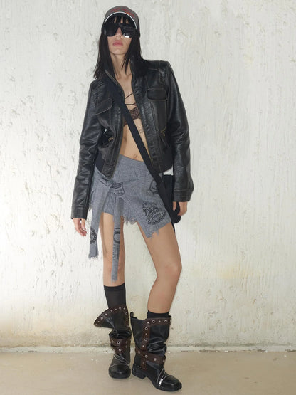 Street Feel Torn Edge Knit Print Drawstring Asymmetrical Mini Skirt
