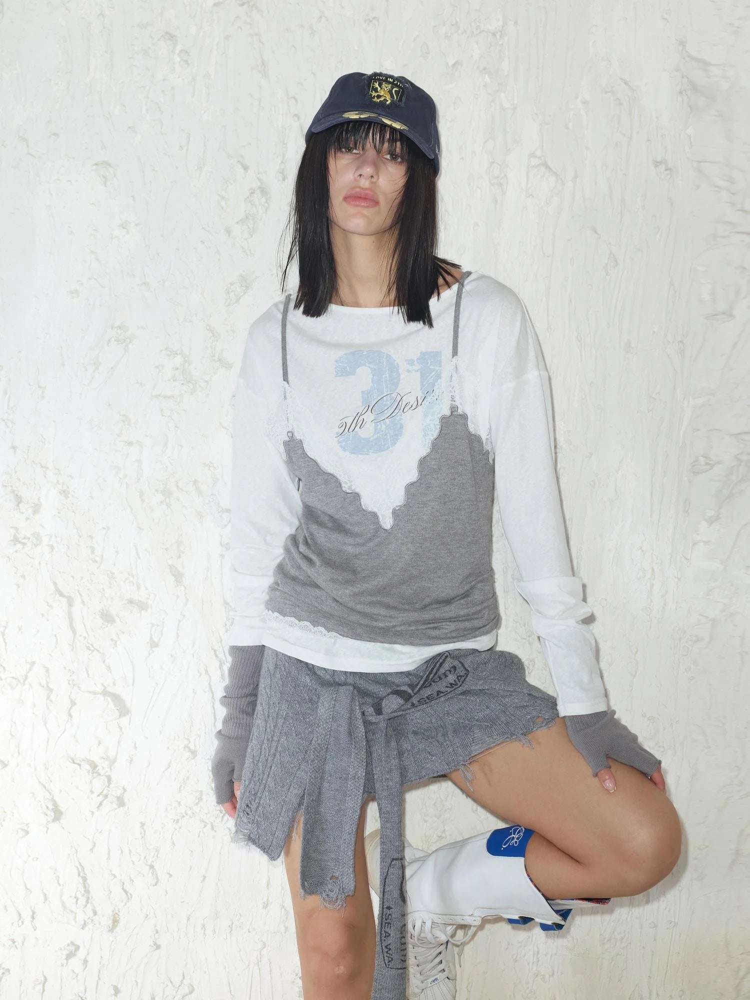 Street Feel Torn Edge Knit Print Drawstring Asymmetrical Mini Skirt
