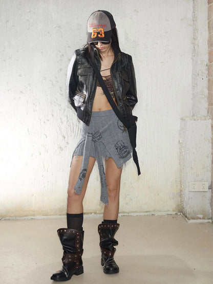 Street Feel Torn Edge Knit Print Drawstring Asymmetrical Mini Skirt