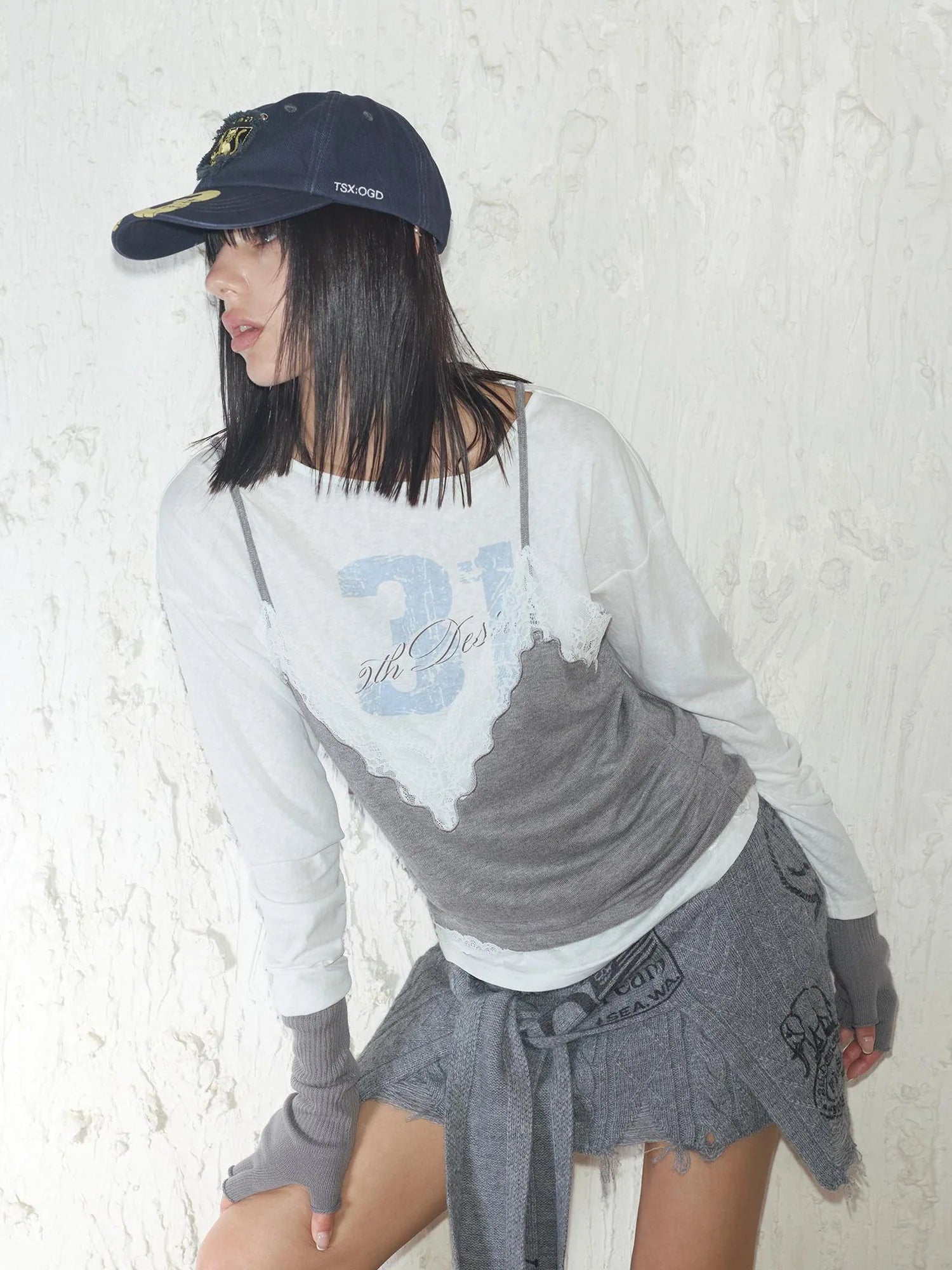 Street Feel Torn Edge Knit Print Drawstring Asymmetrical Mini Skirt