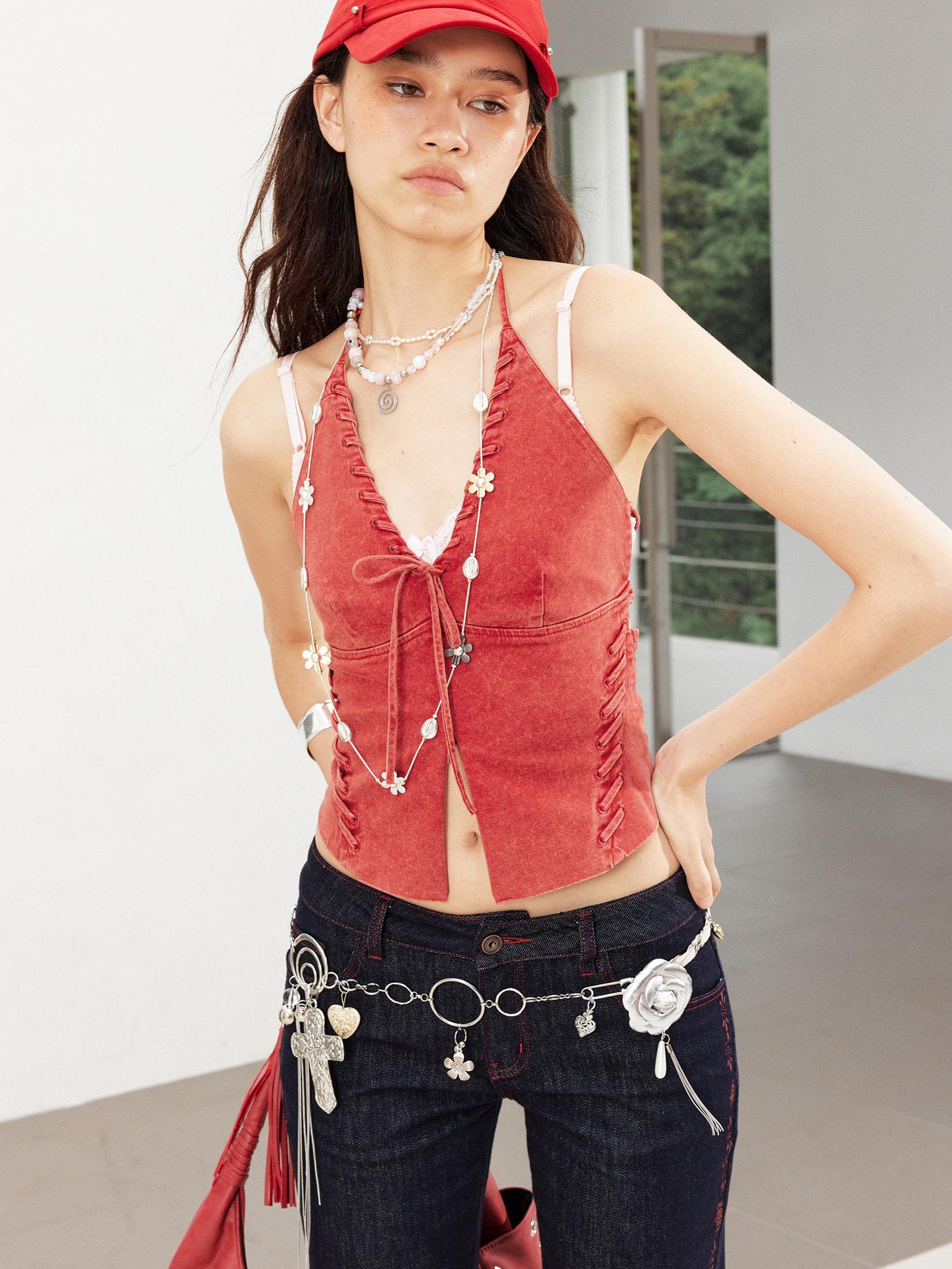 2th Desire Stretch Washed Distressed Denim Cross Back Lace Up Bralette Top