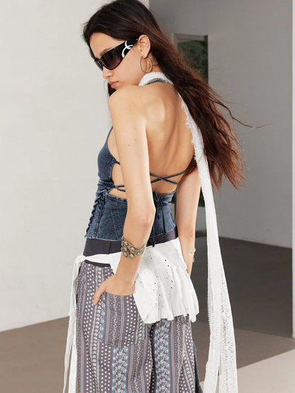Stretch Washed Distressed Denim Cross Back Lace Up Bralette Top