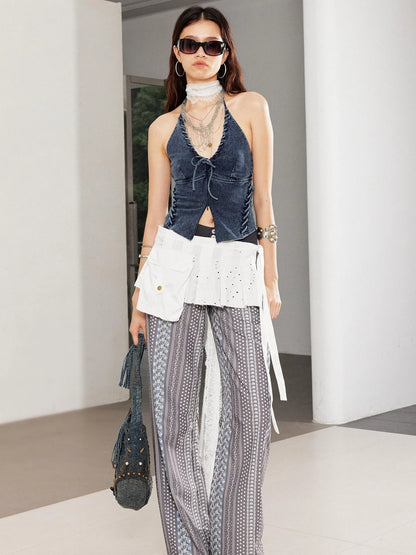 Stretch Washed Distressed Denim Cross Back Lace Up Bralette Top