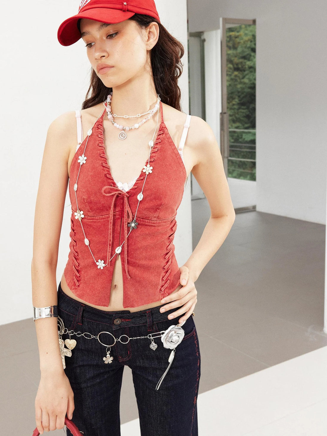 Stretch Washed Distressed Denim Cross Back Lace Up Bralette Top