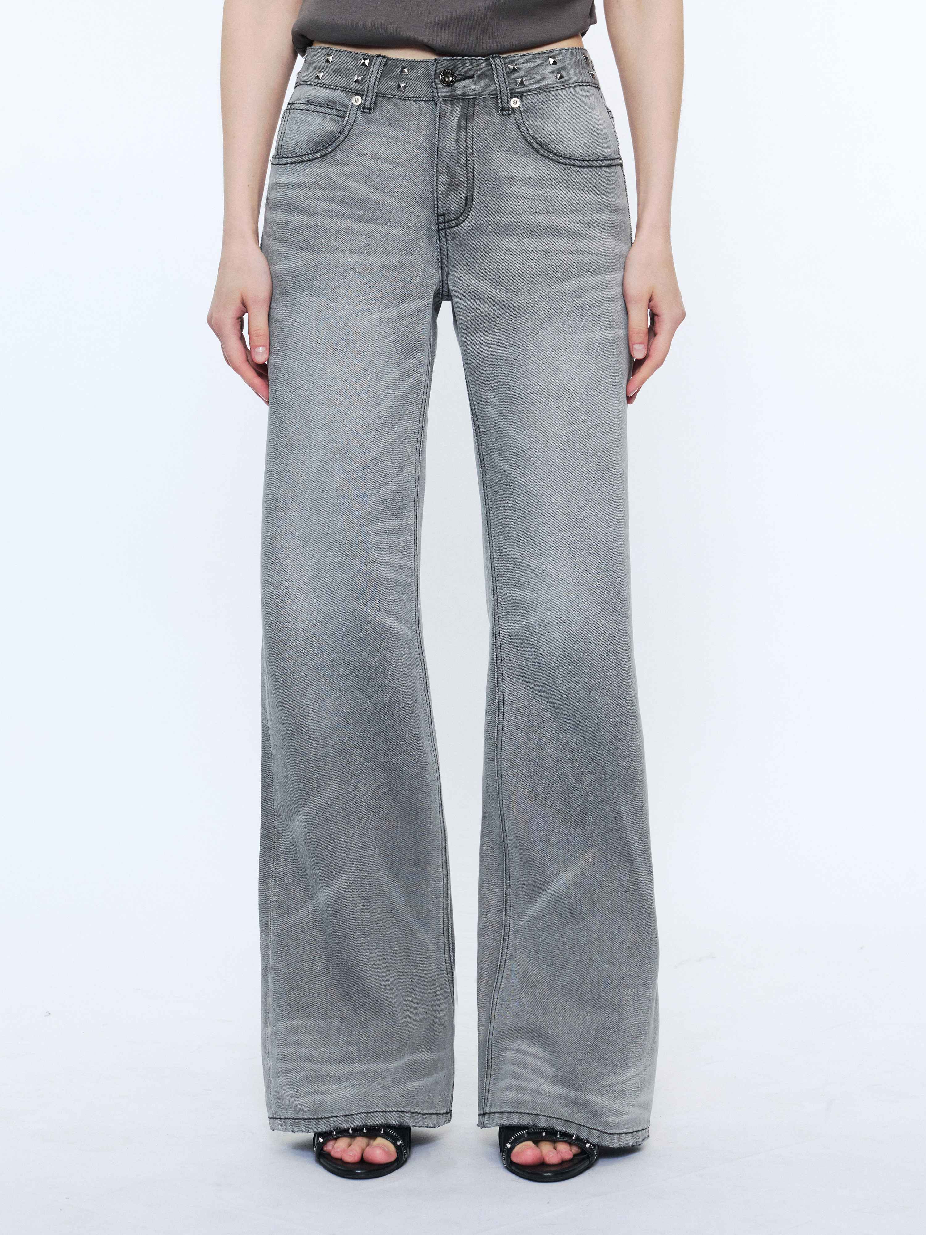 2th Desire Studded Punk Rivet Natural Waist Button Fly Gray Cotton Women Straight Jeans