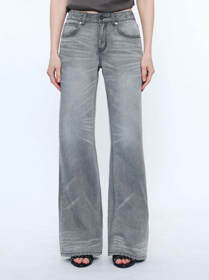2th Desire Studded Punk Rivet Natural Waist Button Fly Gray Cotton Women Straight Jeans