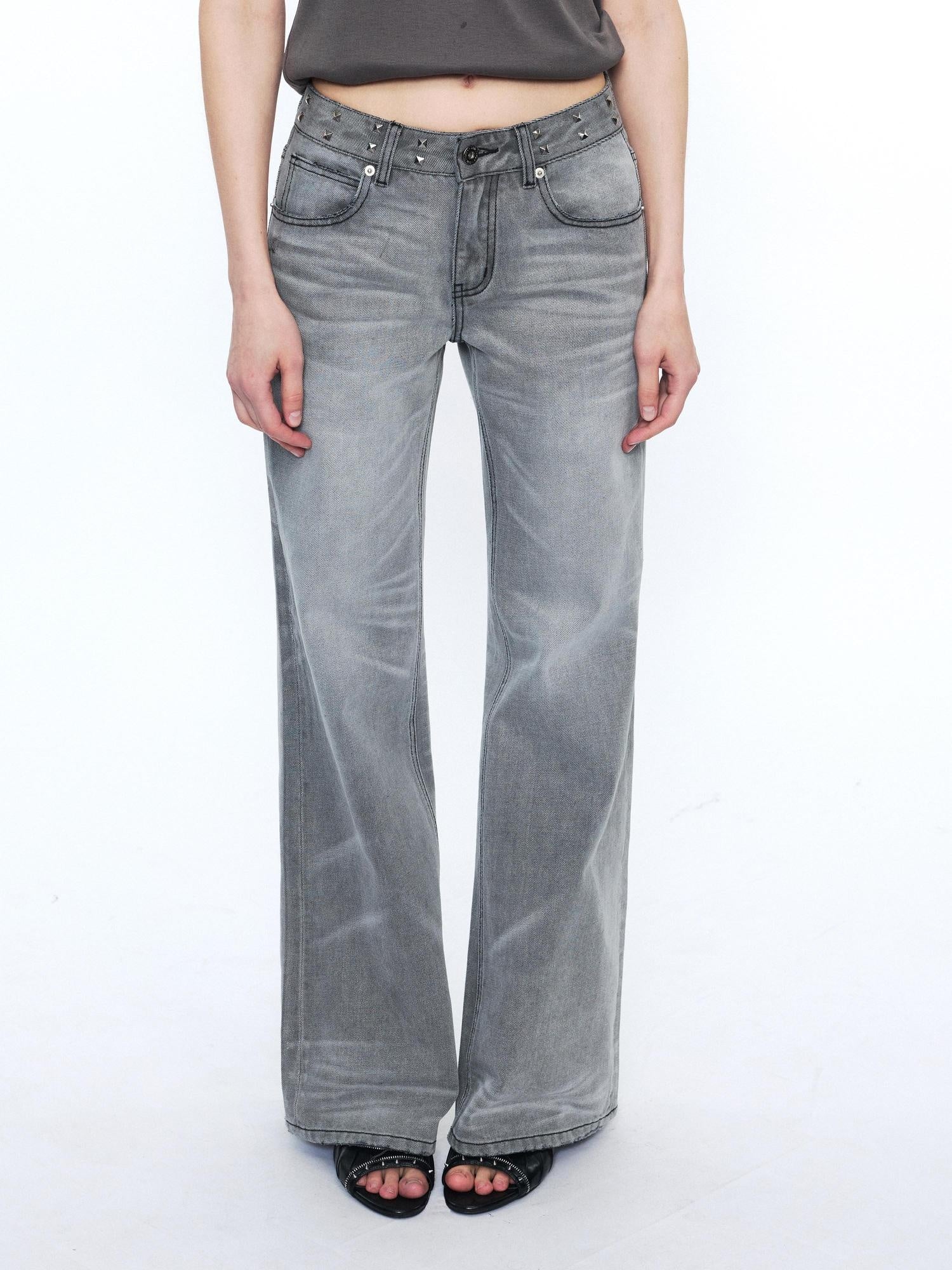 2th Desire Studded Punk Rivet Natural Waist Button Fly Gray Cotton Women Straight Jeans