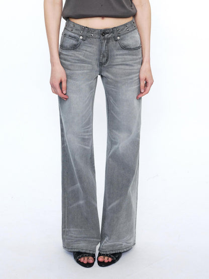 2th Desire Studded Punk Rivet Natural Waist Button Fly Gray Cotton Women Straight Jeans
