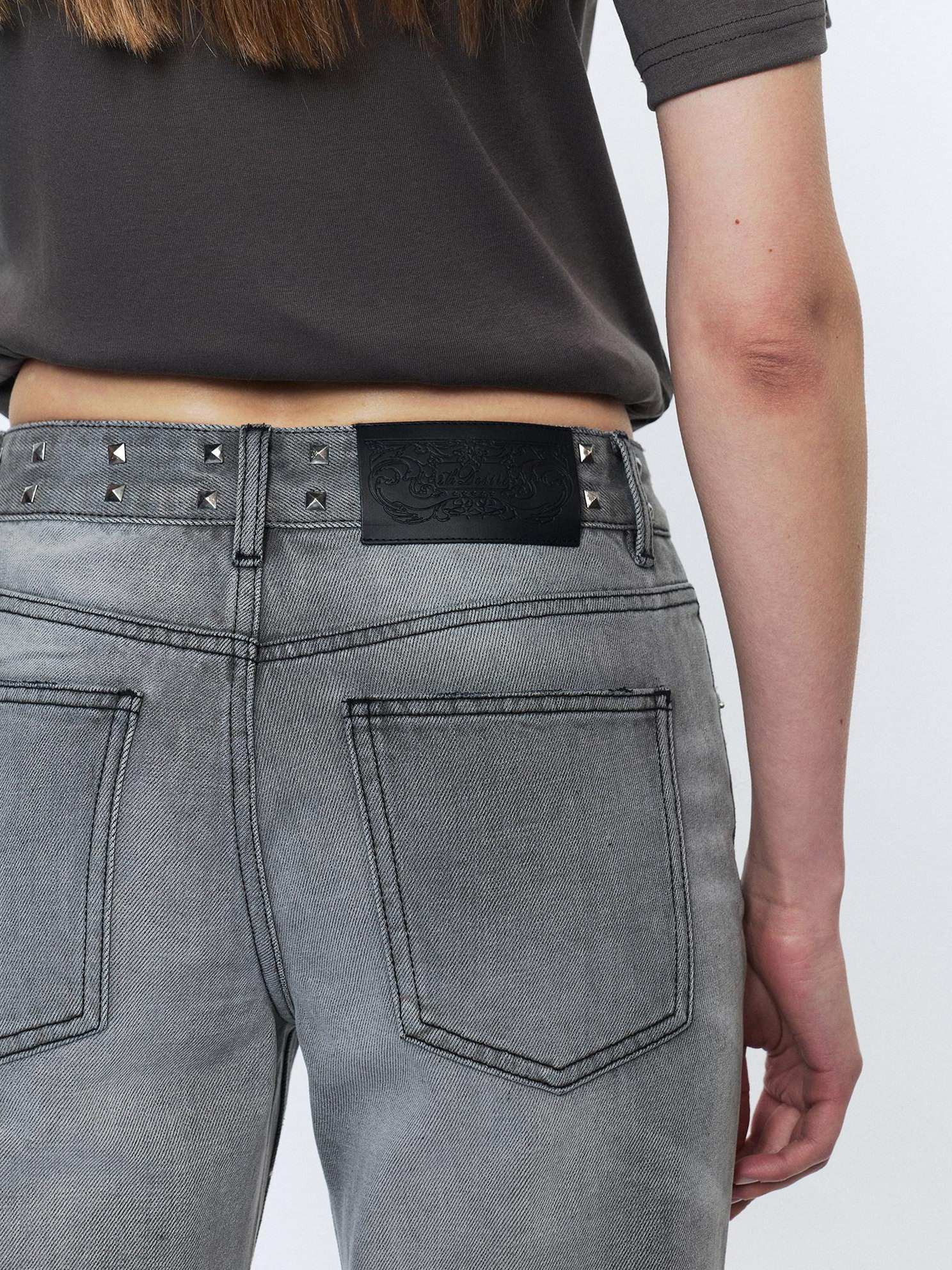 2th Desire Studded Punk Rivet Natural Waist Button Fly Gray Cotton Women Straight Jeans