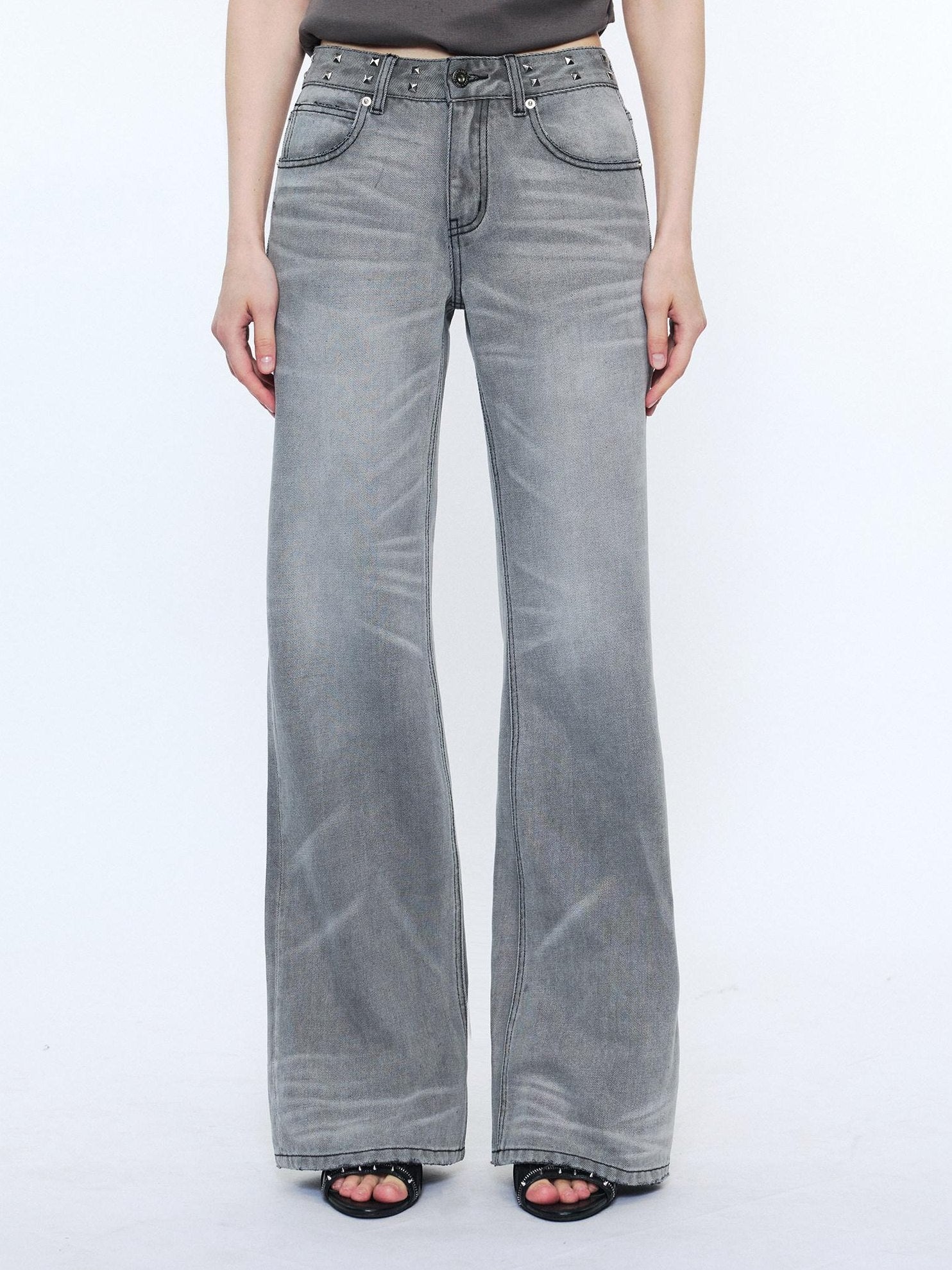 2th Desire Studded Punk Rivet Natural Waist Button Fly Gray Cotton Women Straight Jeans