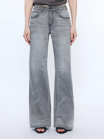 2th Desire Studded Punk Rivet Natural Waist Button Fly Gray Cotton Women Straight Jeans