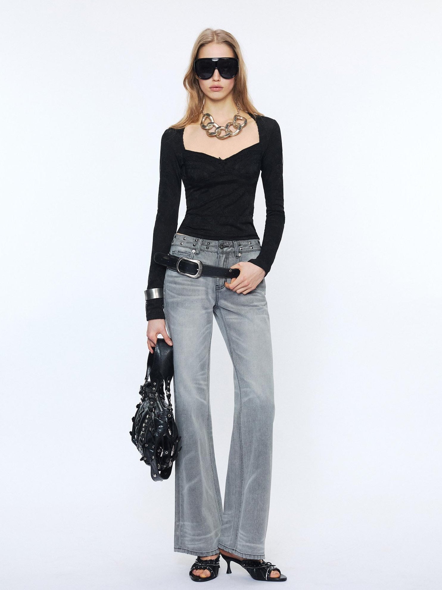 2th Desire Studded Punk Rivet Natural Waist Button Fly Gray Cotton Women Straight Jeans