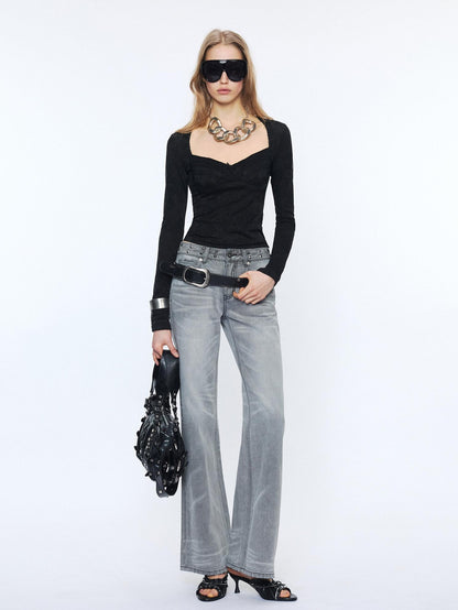 2th Desire Studded Punk Rivet Natural Waist Button Fly Gray Cotton Women Straight Jeans