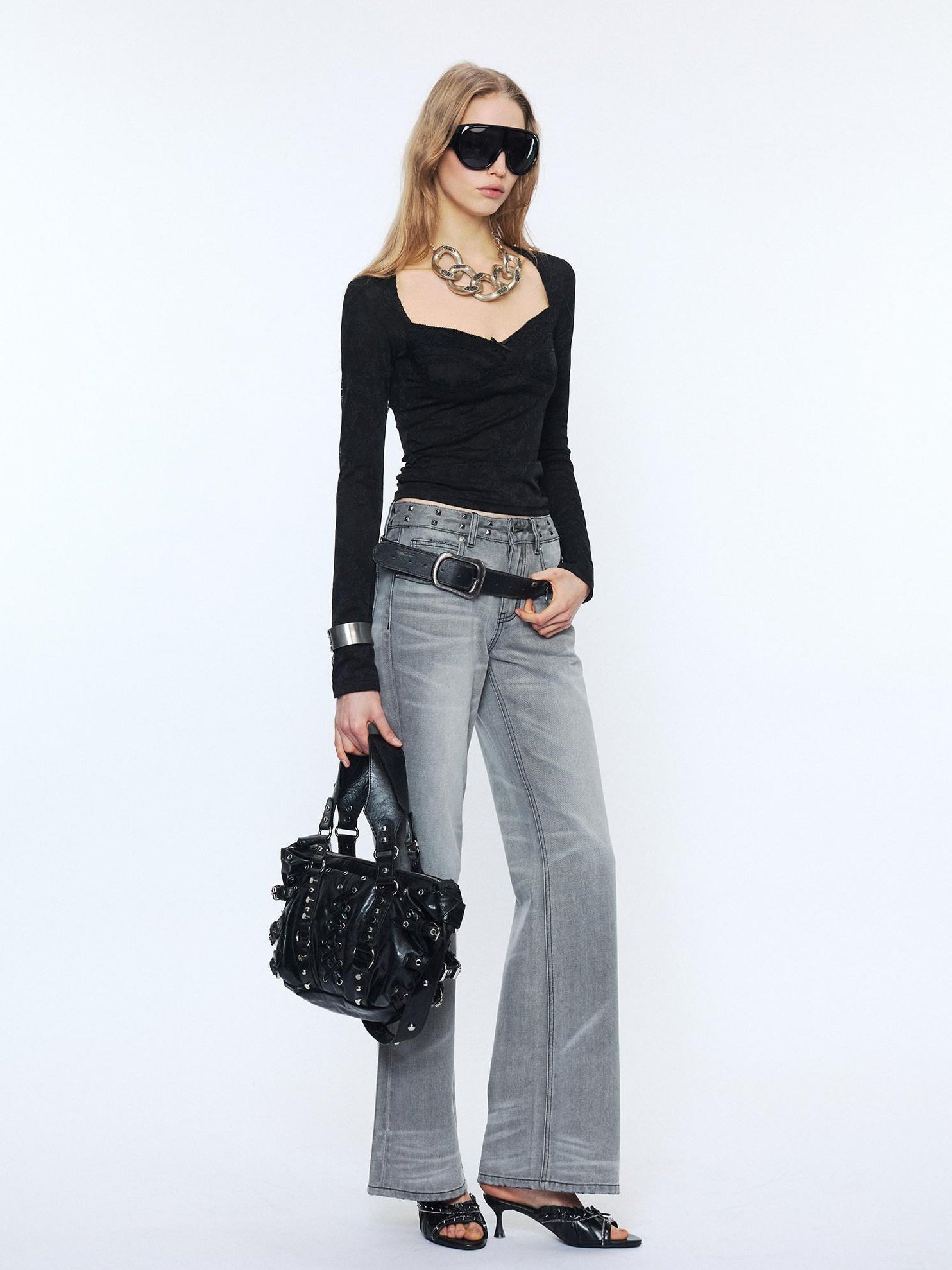 2th Desire Studded Punk Rivet Natural Waist Button Fly Gray Cotton Women Straight Jeans