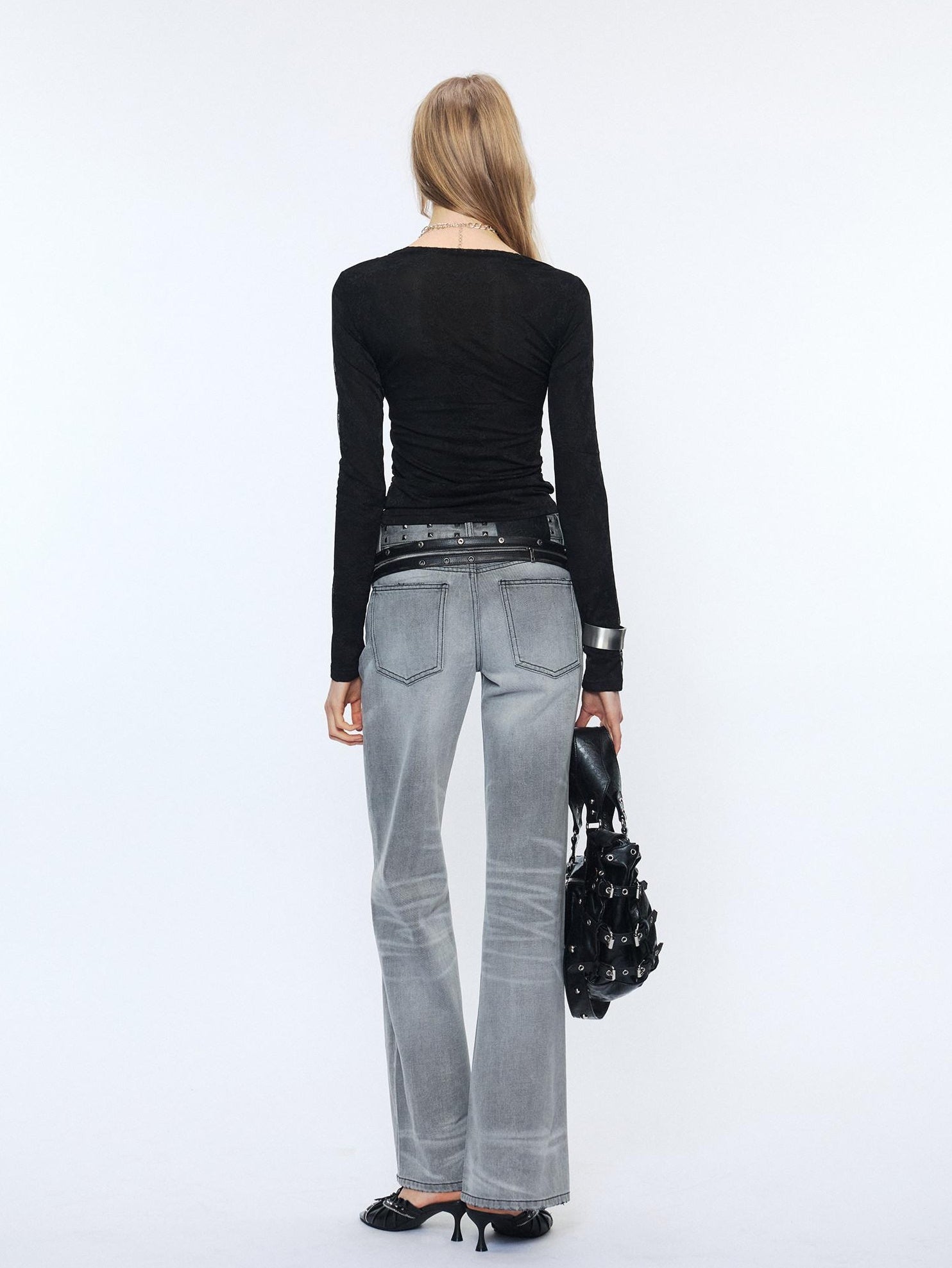 2th Desire Studded Punk Rivet Natural Waist Button Fly Gray Cotton Women Straight Jeans